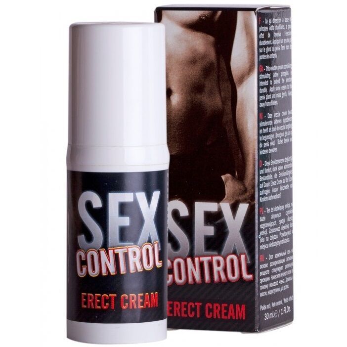 Zylinderförmige Flasche und Verpackung. Aufschrift: SEX CONTROL ERECT CREAM. 30 ml - 1.01 Fl.oz. Verpackung mit Abbildung eines Mannes.