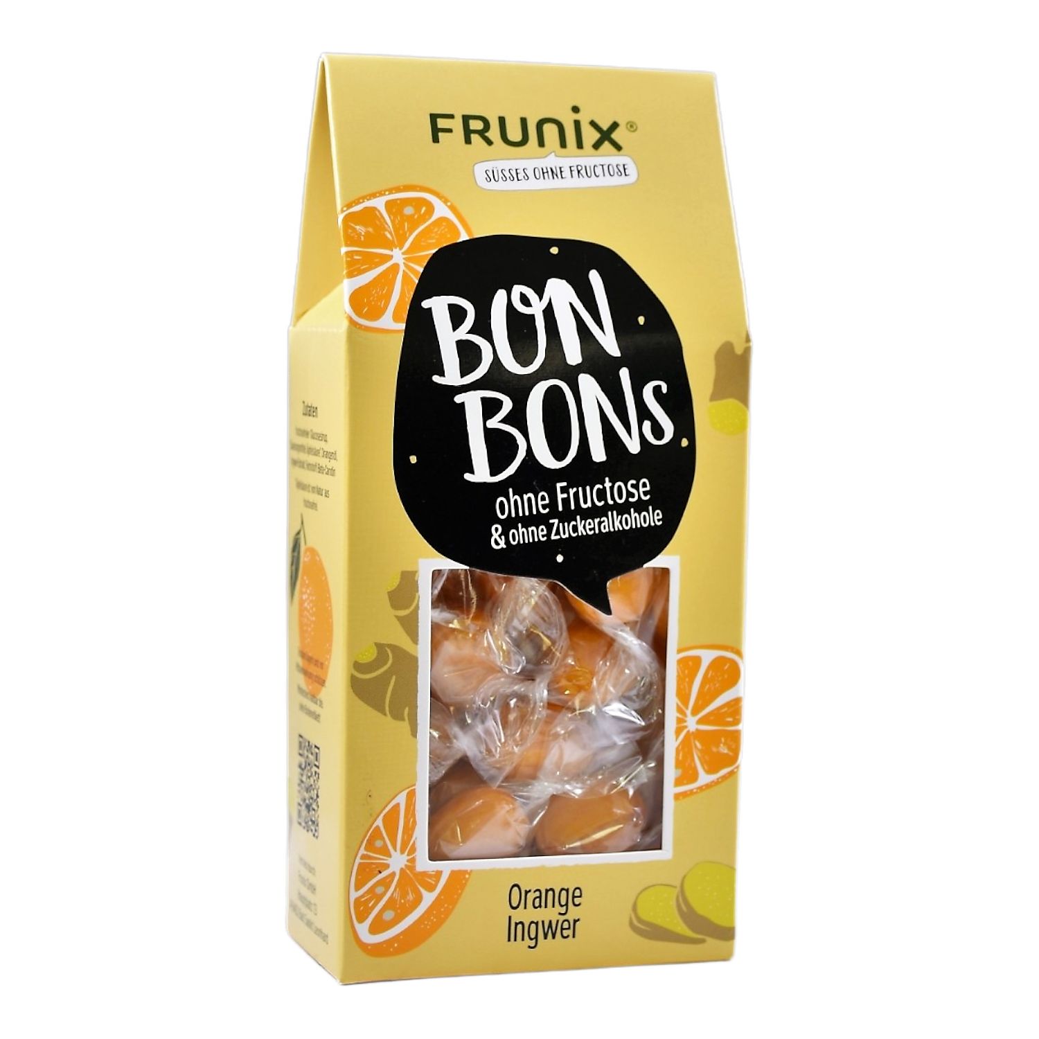 Gelbe Verpackung mit Frunix Bonbons Orange Ingwer. Sichtfenster zeigt Bonbons. Text: Ohne Fructose & Zuckeralkohol. Orange und Ingwer-Illustrationen.