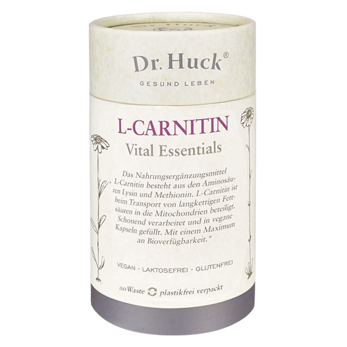Zylindrische Pappdose mit "Dr. Huck L-Carnitin Vital Essentials". Text: "vegan, laktosefrei, glutenfrei".