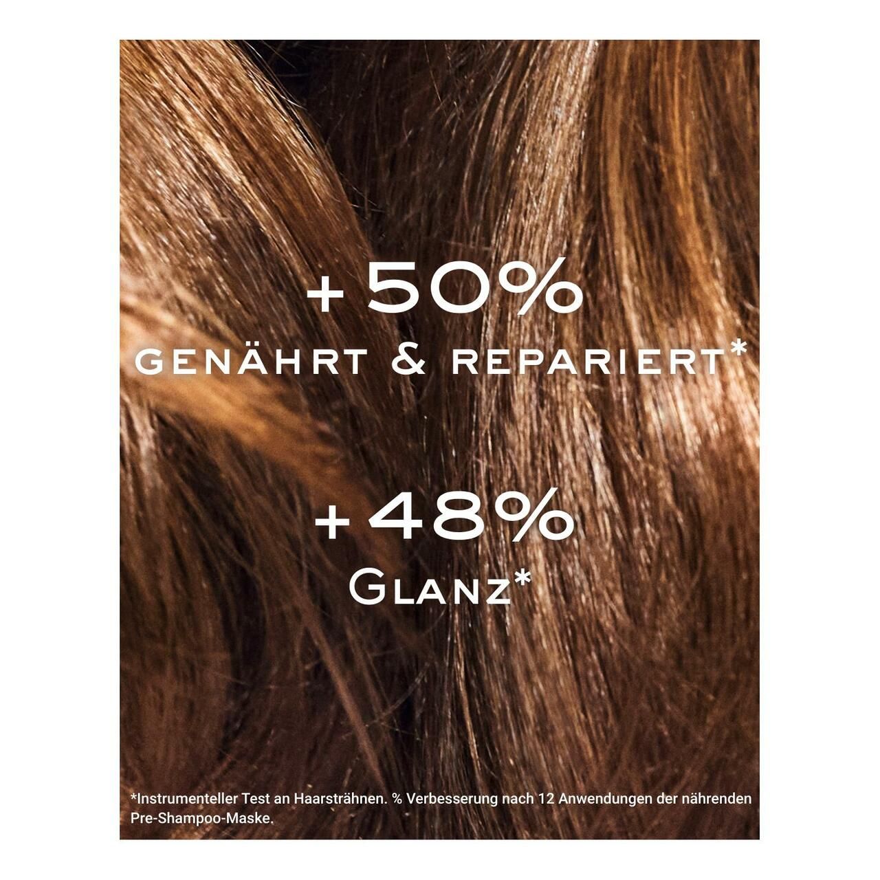 Haarsträhnen mit Text: +50% GENÄHRT & REPARIERT, +48% GLANZ. Kleingedruckter Text am unteren Rand.