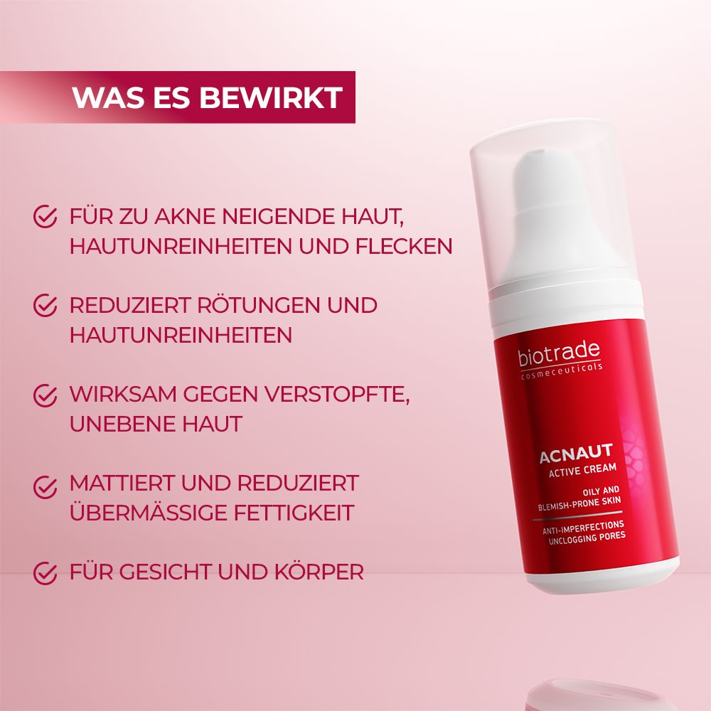 Produktflakon, rotes Etikett, Text: Acnaut Active Cream. Aufzählung: Reduziert Rötungen, mattiert, für Gesicht/Körper.
