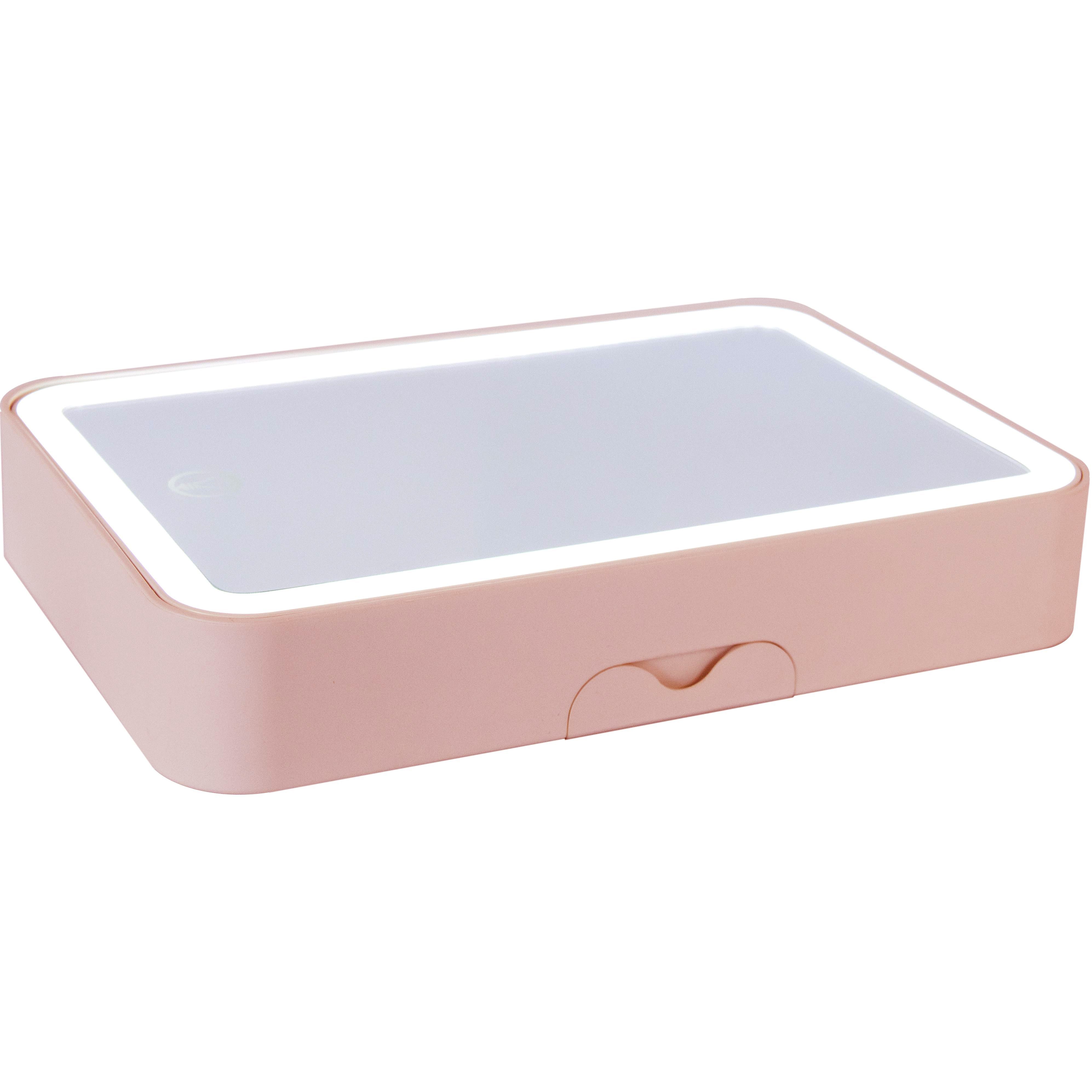 Beautycase, rosa, mit geschlossenem Deckel. Rechteckige Form. Spiegel mit LED-Rahmen. Unten ein Fach.