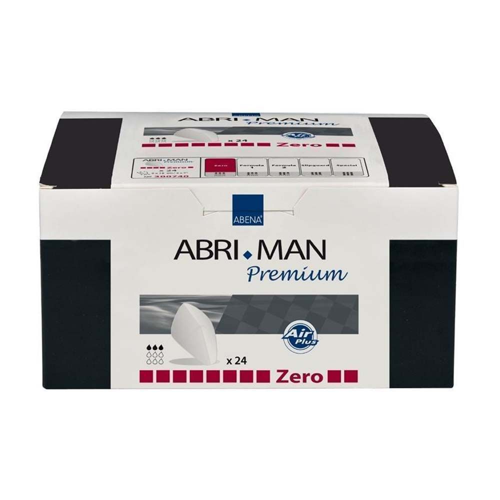 Verpackung von Abena Abri-Man Premium Air Zero. Karton mit Produktname, Logo und Produktmerkmalen. Enthält 24 Stück.