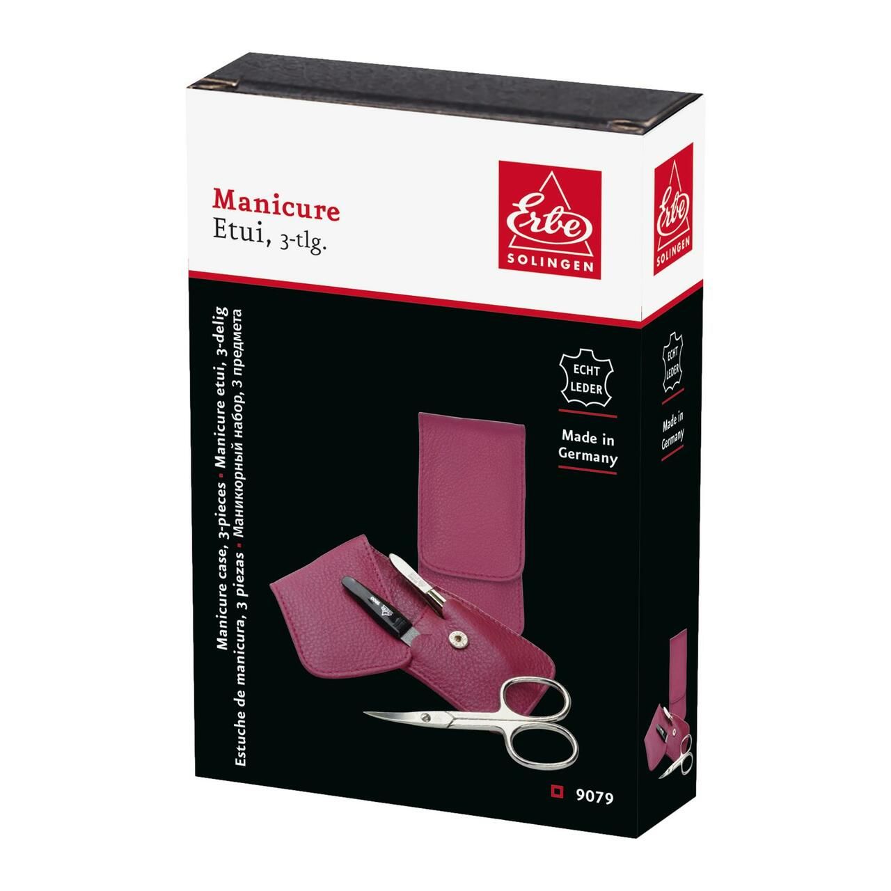Verpackung mit Maniküre-Etui, 3-teilig. Enthält Etui, Nagelschere, Feile und Pinzette. Marke: Erbe Solingen. Echtes Leder.