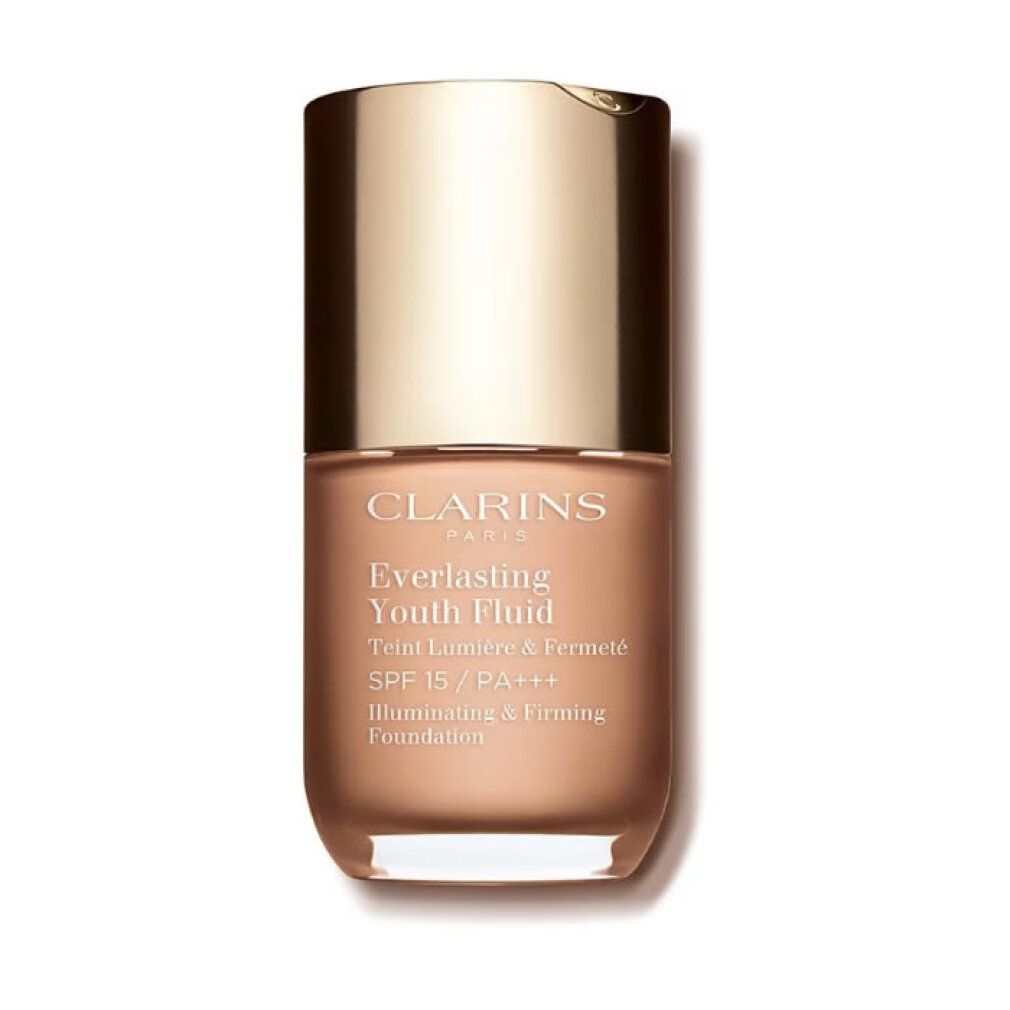 EVERLASTING YOUTH Flüssigkeit 107-beige. Glasflasche mit goldenem Deckel. Text: Clarins, Everlasting Youth Fluid, SPF 15/PA+++.