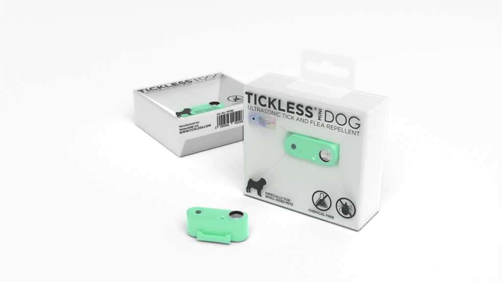 Tickless Mini Dog, grün, in und neben der Verpackung. Ultraschall-Zecken- und Flohschutz. Für kleine Hunde. Chemiefrei.