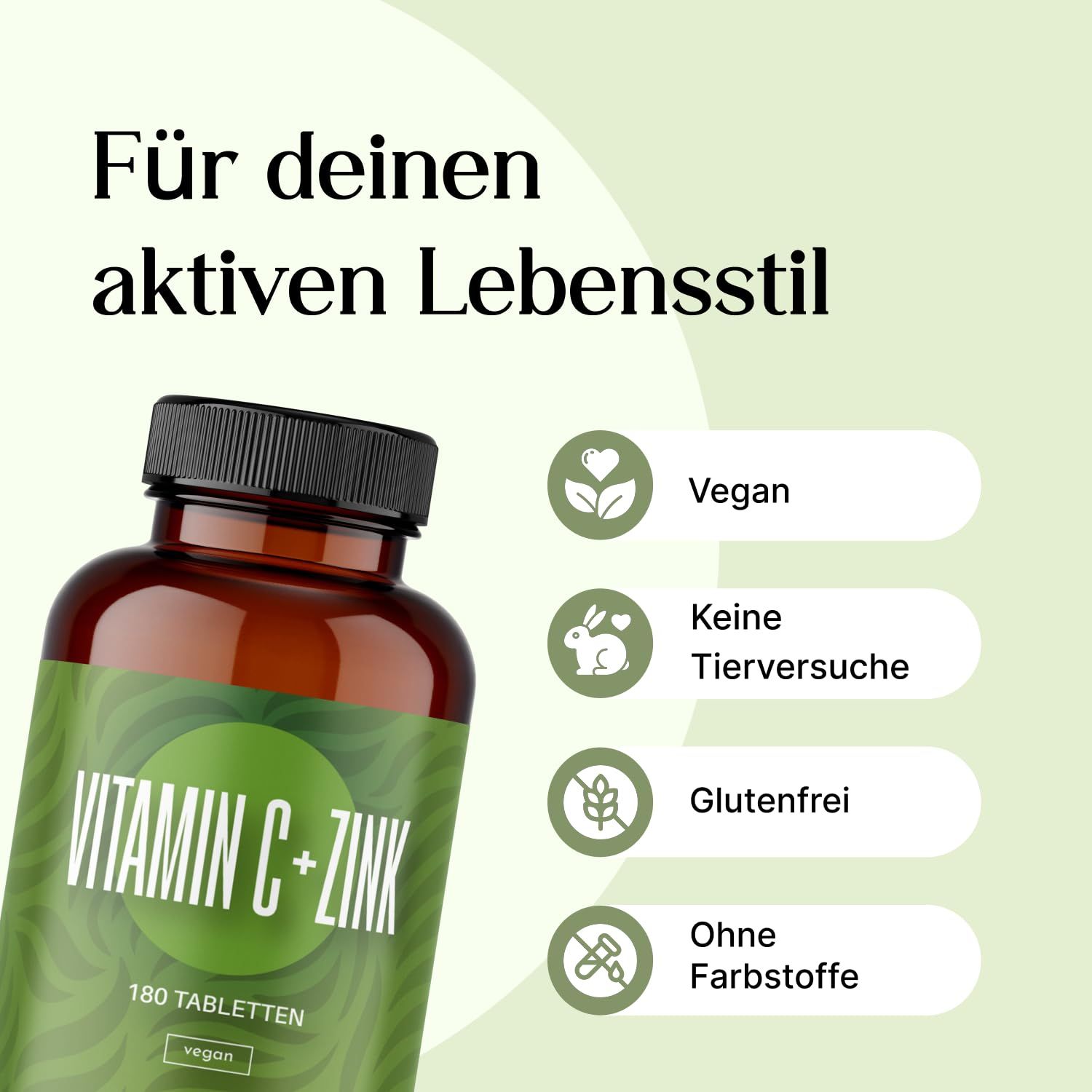 Braunglasflasche mit Etikett. Aufschrift: Vitamin C + Zink, 180 Tabletten. Vegan, keine Tierversuche, glutenfrei, ohne Farbstoffe.