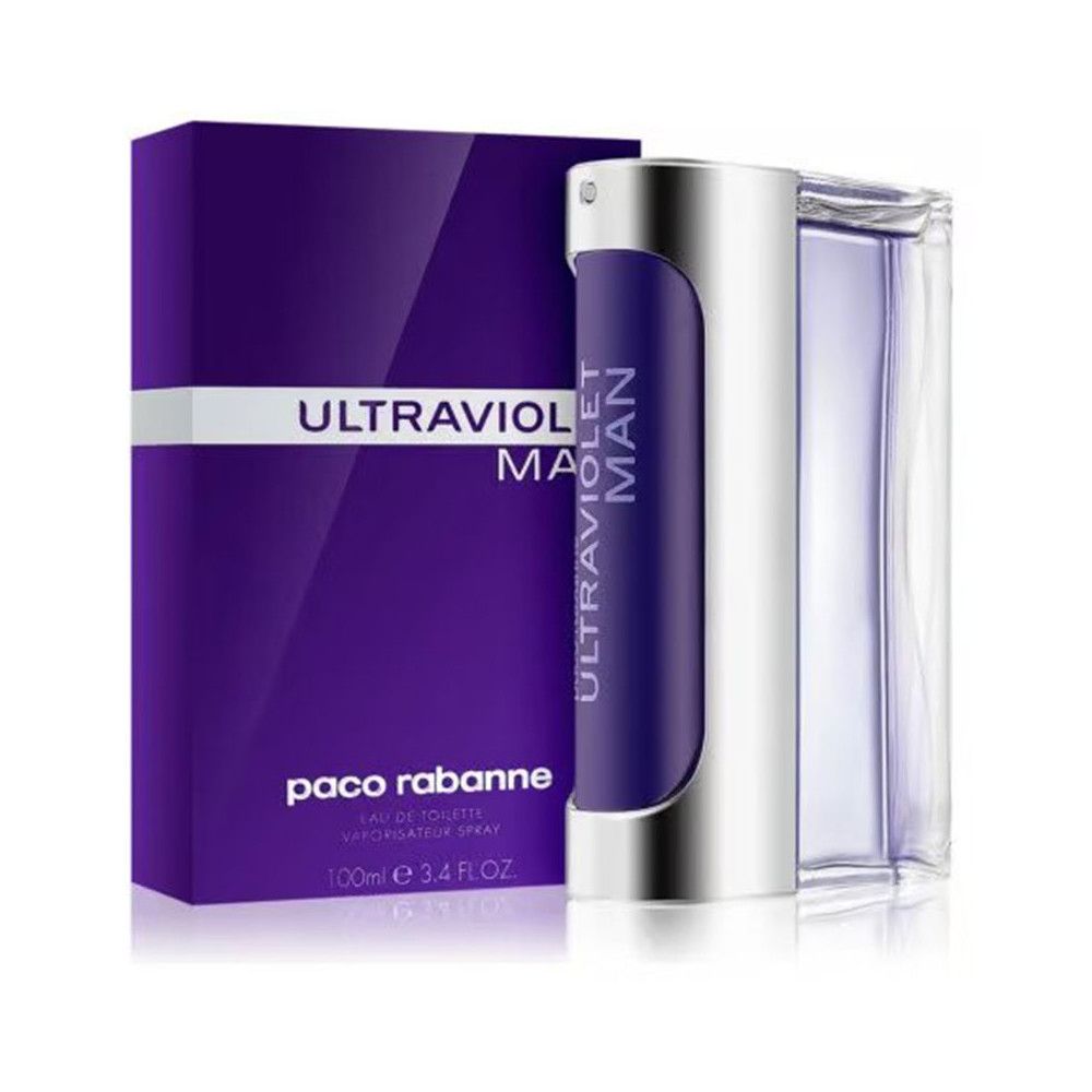 Violette Verpackung und Flakon. Aufschrift: Ultraviolet Man. Silberner Flakon mit violettem Inhalt. Marke Paco Rabanne.