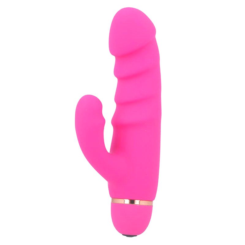 Pinkfarbener Vibrator mit gebogener Form. Geriffelte Oberfläche und gebogener Teil. Goldfarbener Ring am Fuß.