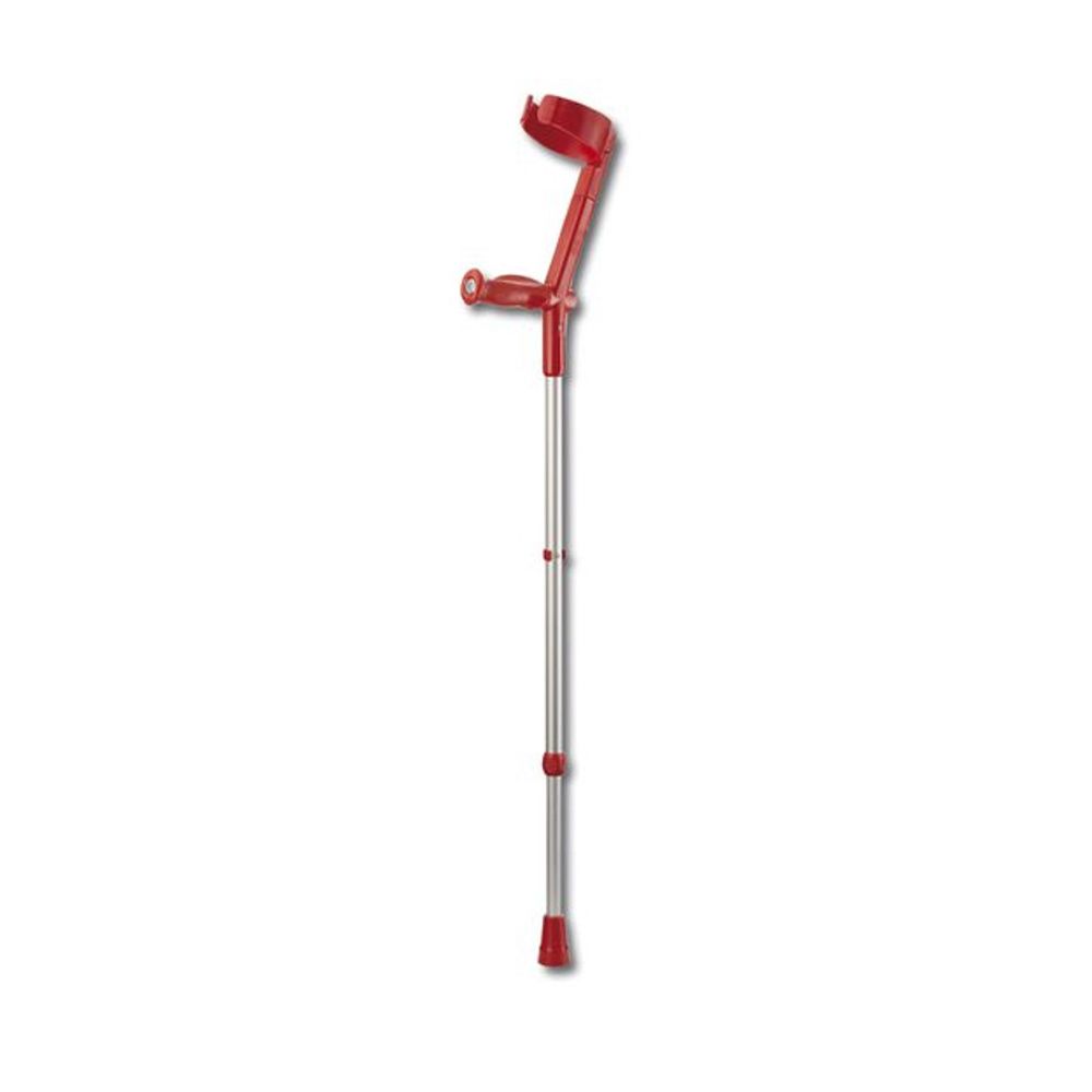 Rote Unterarmgehstütze aus Aluminium mit verstellbarer Höhe und rotem Griff.