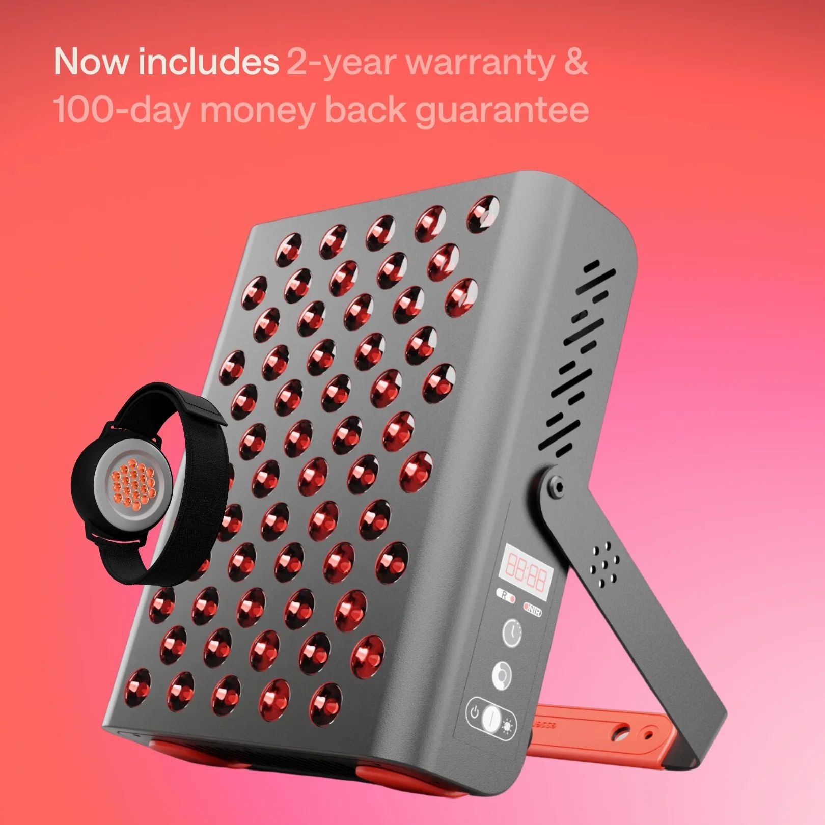 Graues Lichttherapiegerät mit rotem Licht und Armband. Text: 2 Jahre Garantie und 100 Tage Geld-zurück-Garantie.