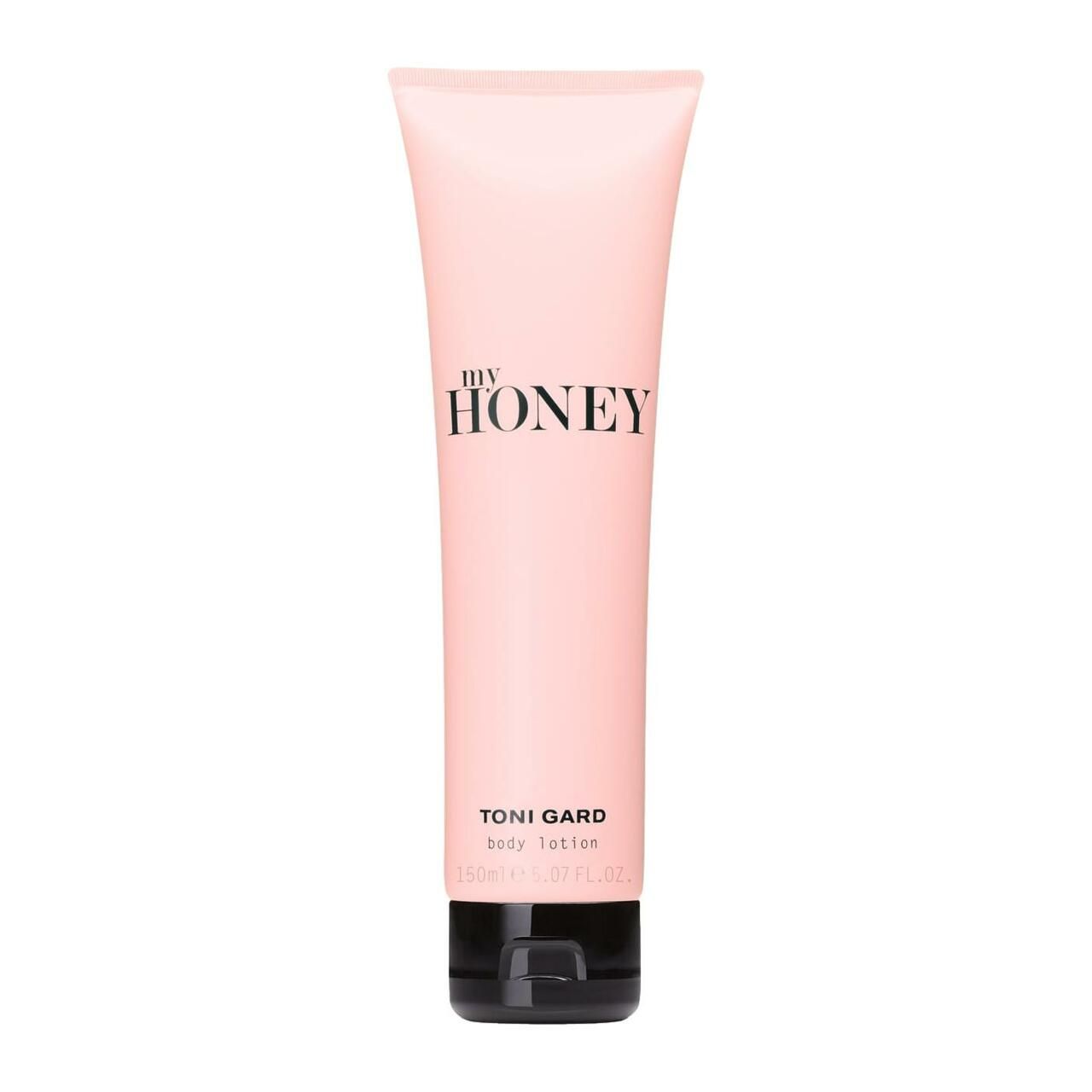 Rosa Tube mit schwarzem Verschluss. Aufschrift "MY HONEY" und "TONI GARD body lotion".