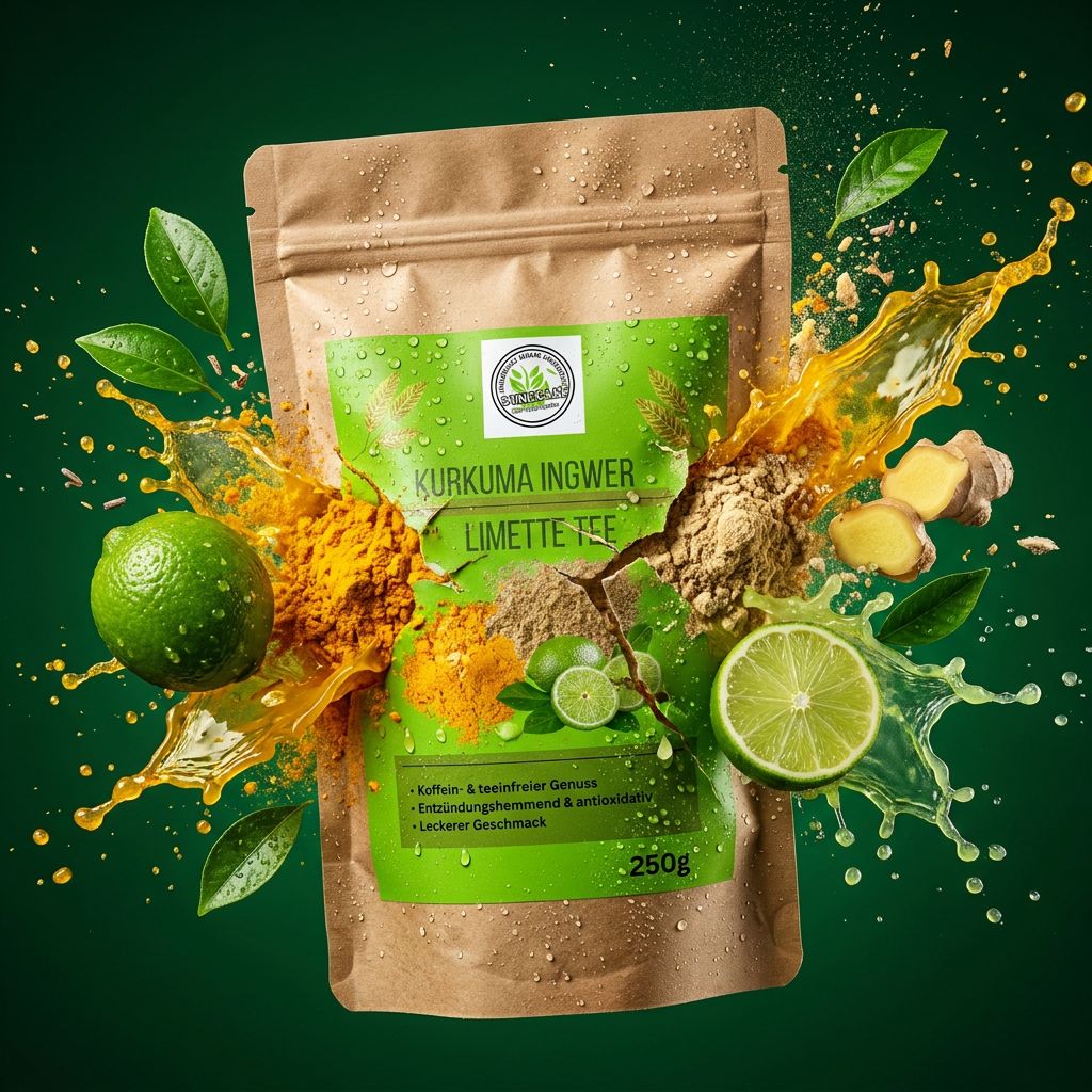 Dynamische Darstellung von Kurkuma Ingwer Limette Tee 250g Beutel mit spritzenden Flüssigkeiten und Zutaten.