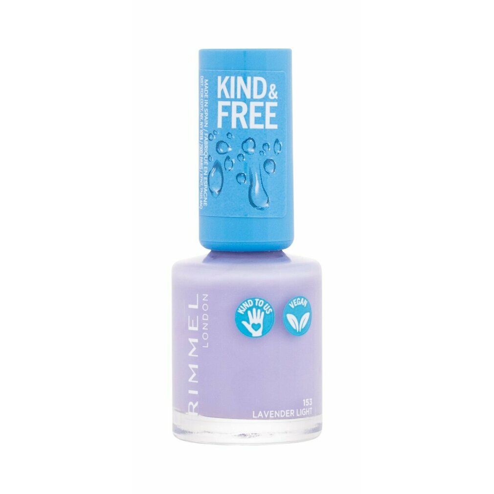 Flasche Nagellack. Helllila Farbe. Blauer Deckel mit Schriftzug KIND & FREE. Aufschrift RIMMEL LONDON. Vegan-Siegel.