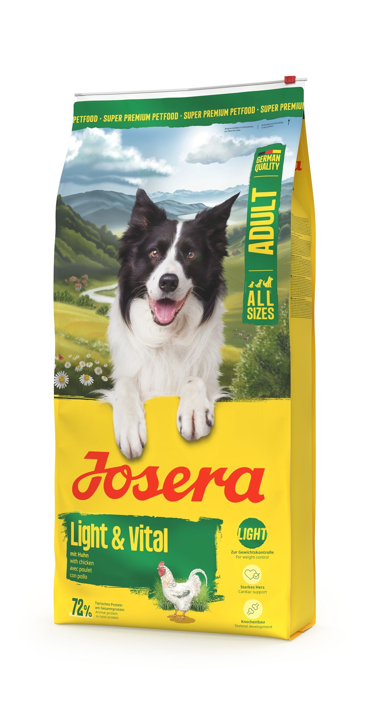Gelbe JOSERA-Verpackung mit Hund, Produktname Light & Vital. Text: Adult, Alle Größen, 72% Geflügel, Deutsches Qualitätssiegel.