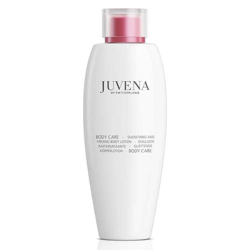Weiße Flasche mit rosafarbenem Deckel. Aufschrift: Juvena of Switzerland. Text: Body Care, Smoothing and Firming Body Lotion.