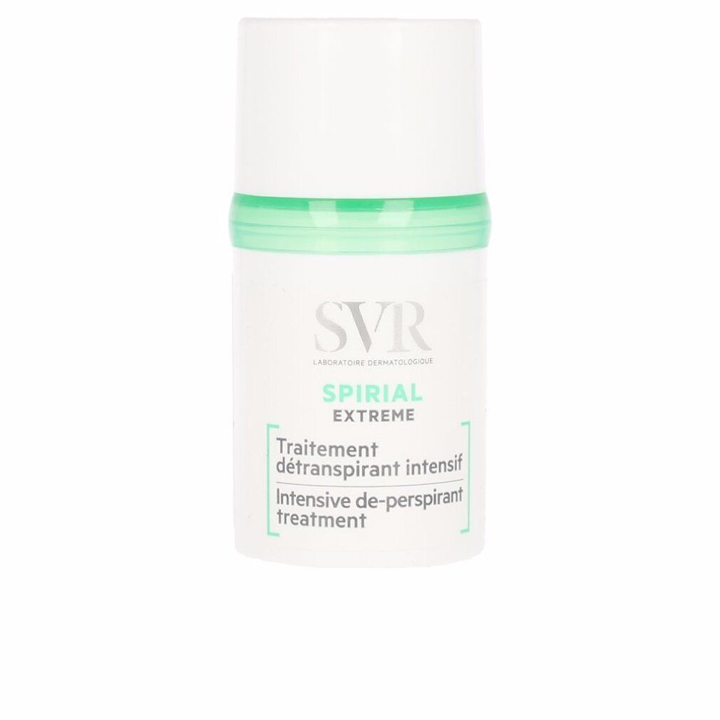 Weißer Roll-on-Deo mit grünem Band. SVR-Logo und Produktnamen. Text: Spirial Extreme, Traitement détranspirant intensif.