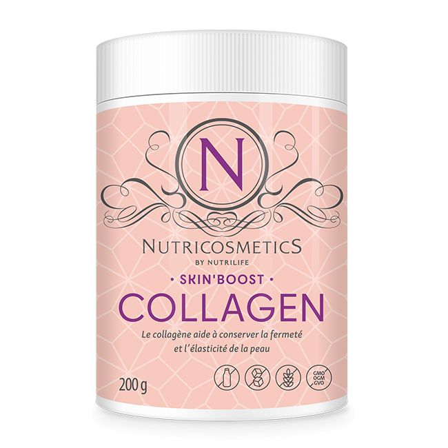 Nutricosmetics Skin'Boost Collagen-Pulver. Rosa Dose mit weißem Deckel. Text: Collagen, 200g. Mit N-Logo und Qualitätszeichen.