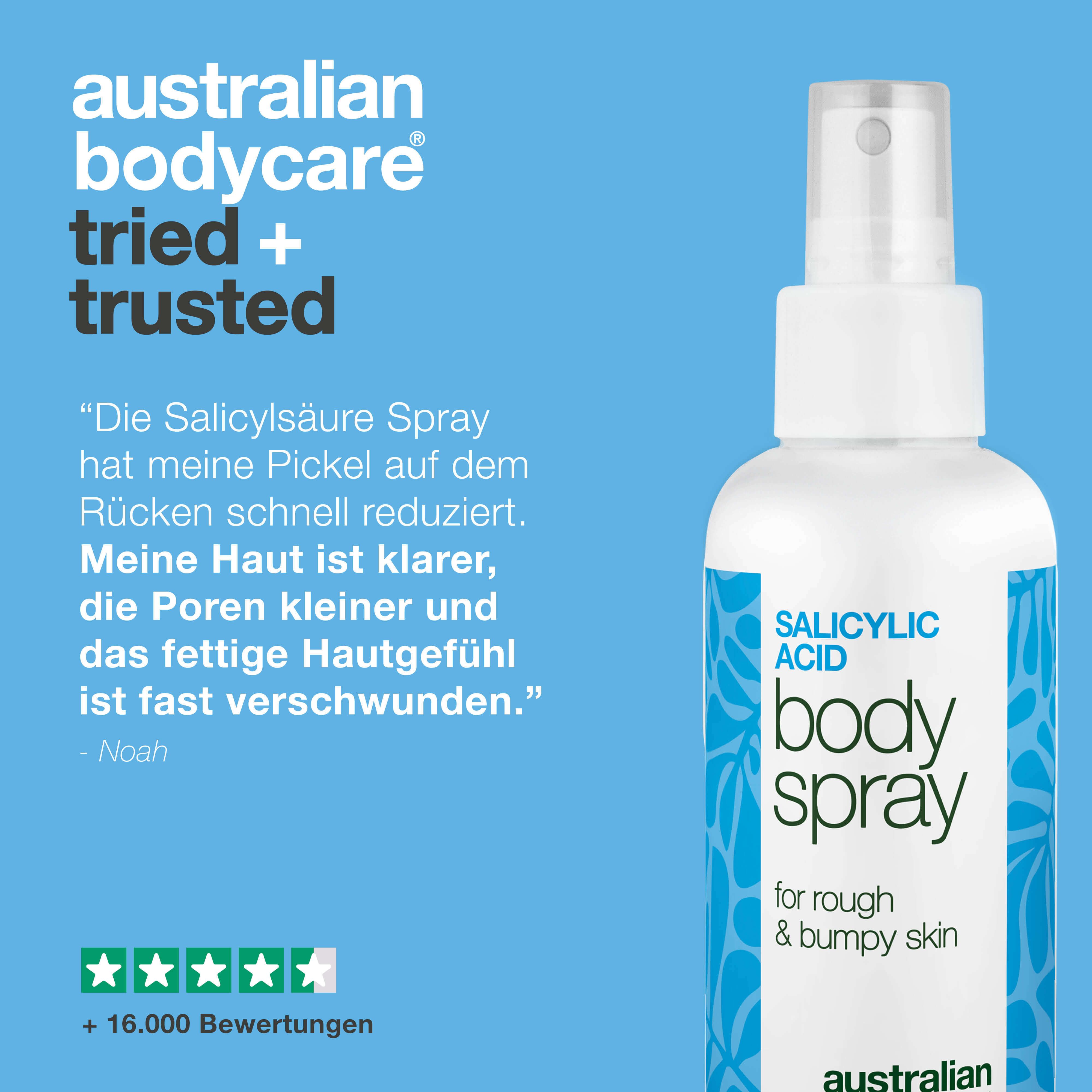 Produkt neben Text. Text: Getestet und vertraut. Produkt: Salicylsäure Body Spray. Zitate und Sterne.