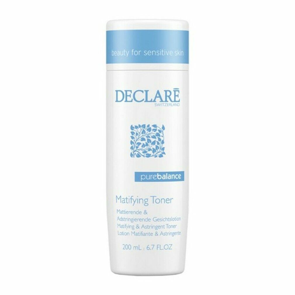 Weiße Flasche mit blauem Deckel. Aufschrift: DECLARE SWITZERLAND, purebalance, Matifying Toner. 200 ml, 6.7 FL.OZ.
