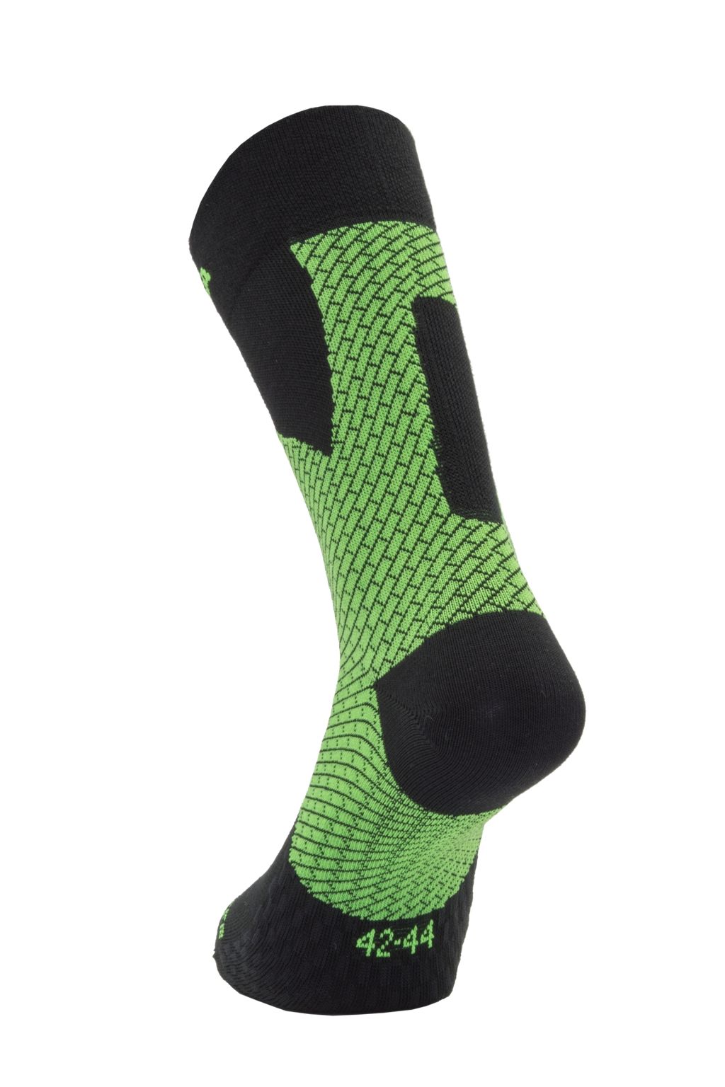 Calzino stabilizzatore di caviglia Enforma. Nero con dettagli verdi. Il calzino mostra una taglia 42-44. Il design presenta un motivo verde strutturato sullo stelo e sulla caviglia.