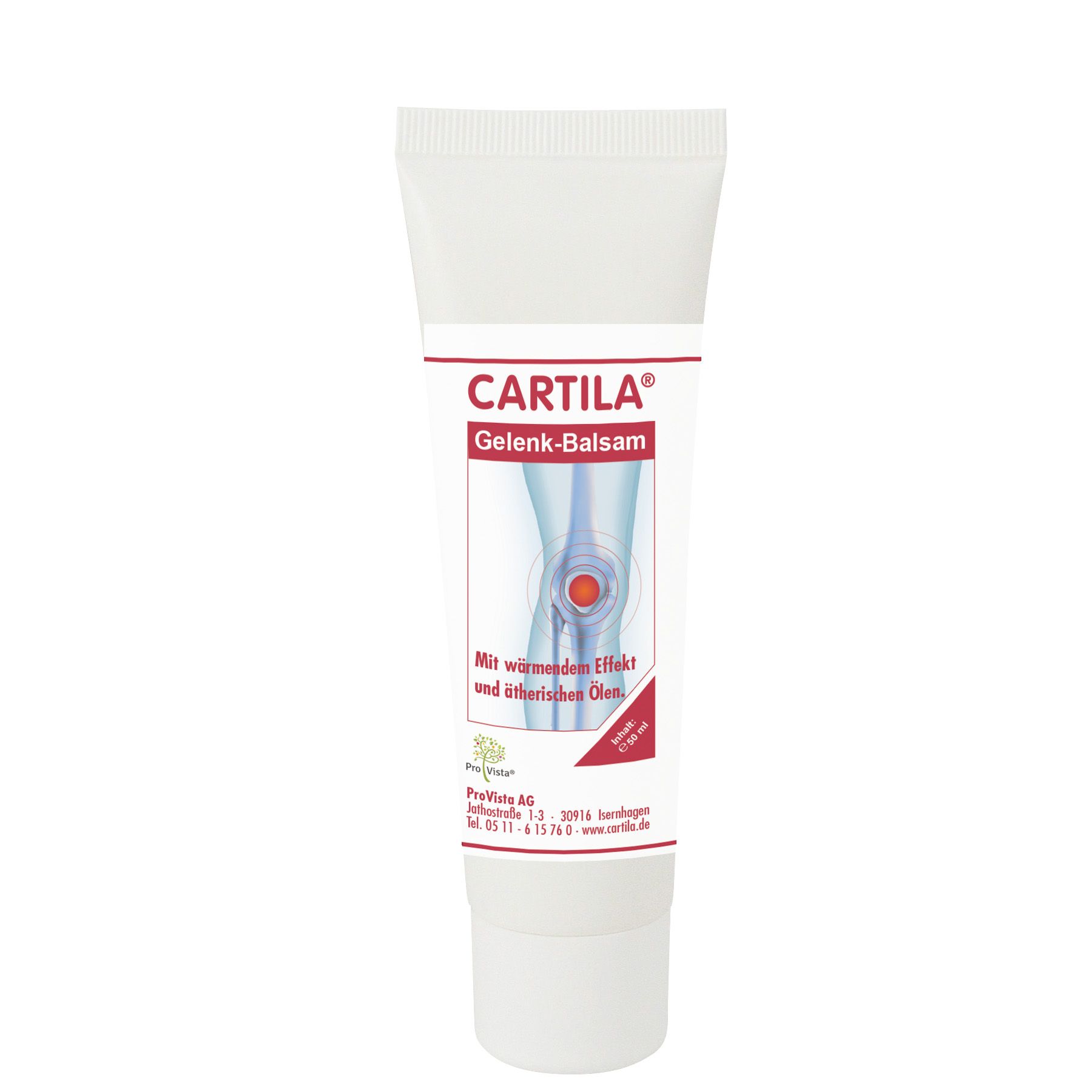Weißer Tubenbehälter mit roter Schrift. Aufschrift: CARTILA® Gelenk-Balsam. Illustration eines Knies. Mit wärmendem Effekt.