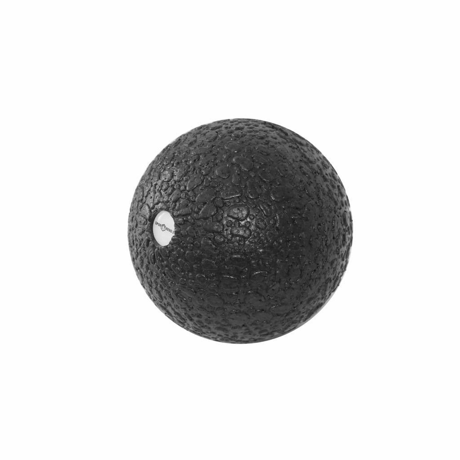 Schwarzer Faszienball mit strukturierter Oberfläche. Ein weißes Logo ist auf der Oberfläche sichtbar.