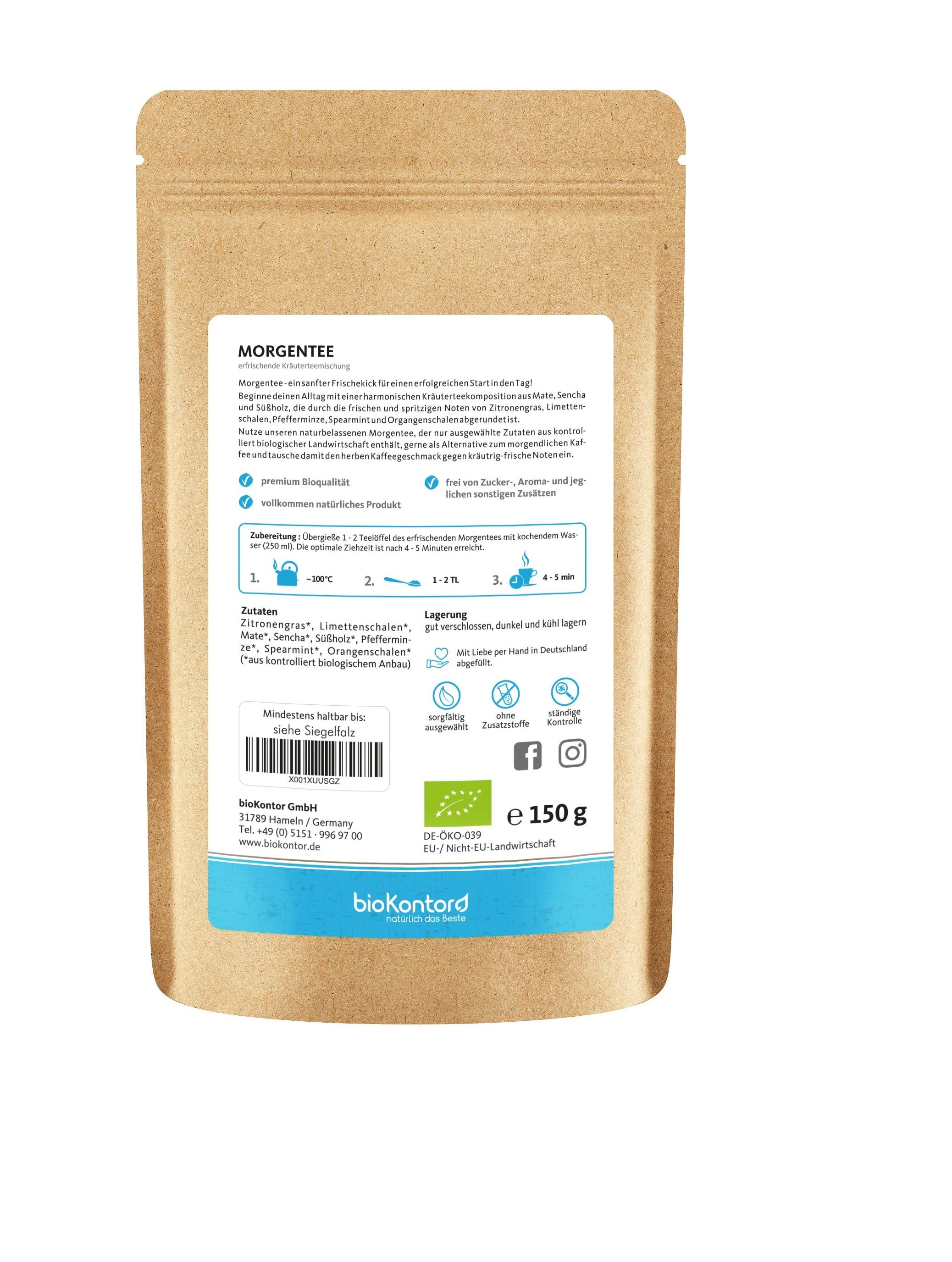 Rückseite des Morgentee-Beutels. Zutatenliste, Zubereitungshinweise, Lagerungshinweise. Bio-Siegel. 150 g. Herstellerinformationen.