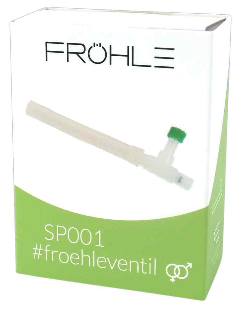 Verpackung mit Produktabbildung. Aufschrift: FRÖHLE, SP001, #froehleventil. Produkt: weißes Ventil mit grünem Verschluss.