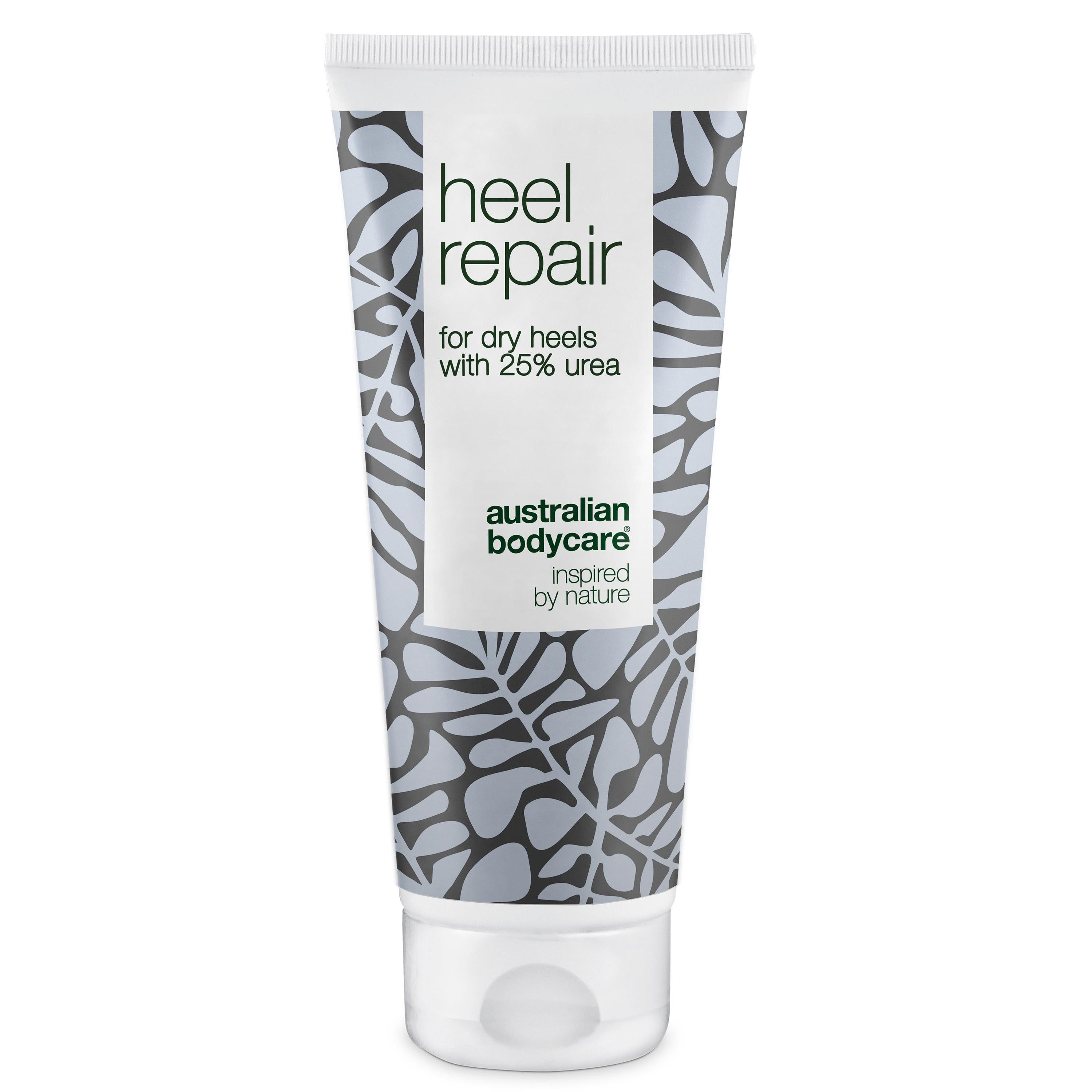 Tube mit Creme. Aufschrift: Heel Repair, für trockene Fersen mit 25% Urea. Marke: Australian Bodycare.