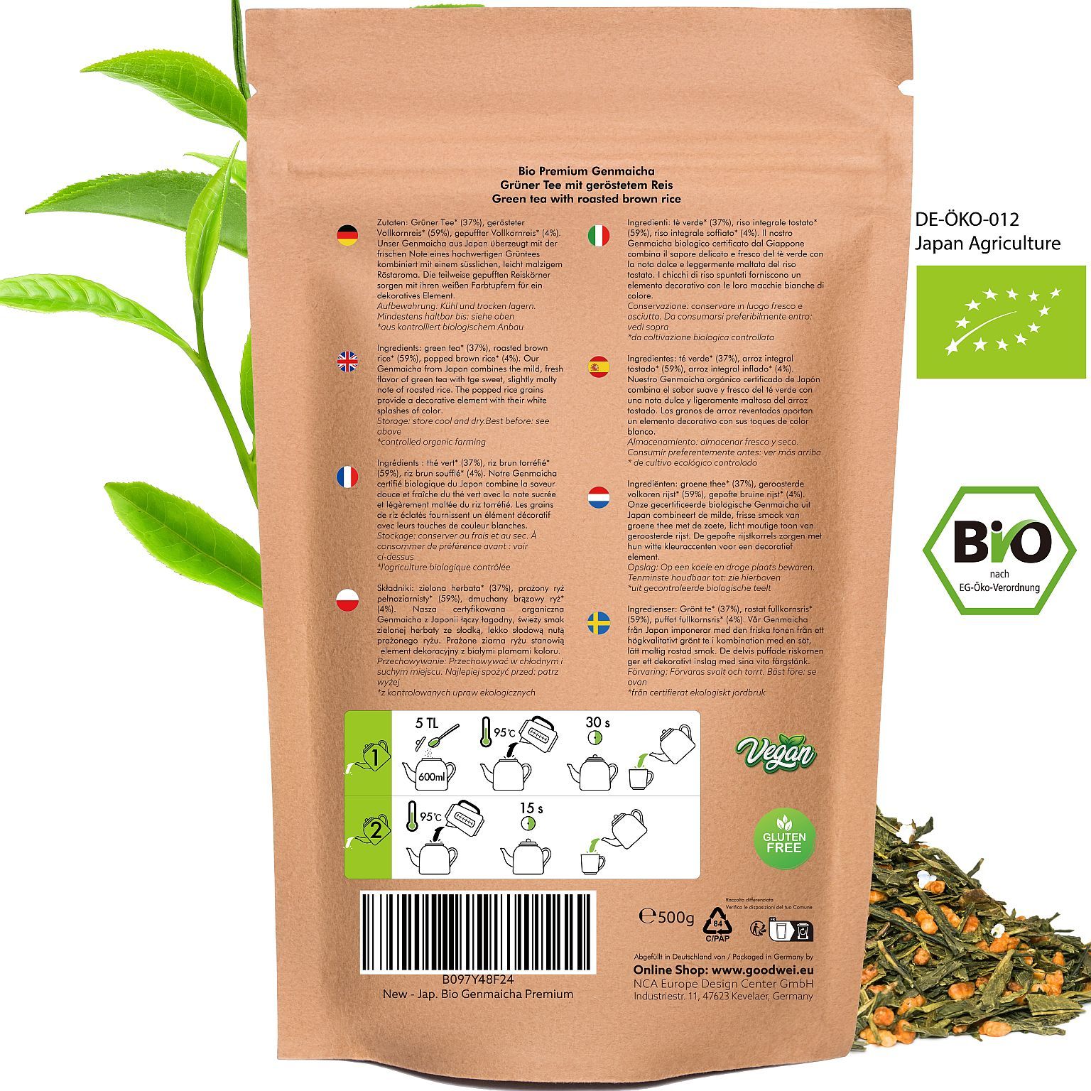 Rückseite der Papiertüte. Text in mehreren Sprachen. Bio-Siegel, japanisches Landwirtschafts-Siegel. Vegan und glutenfrei.