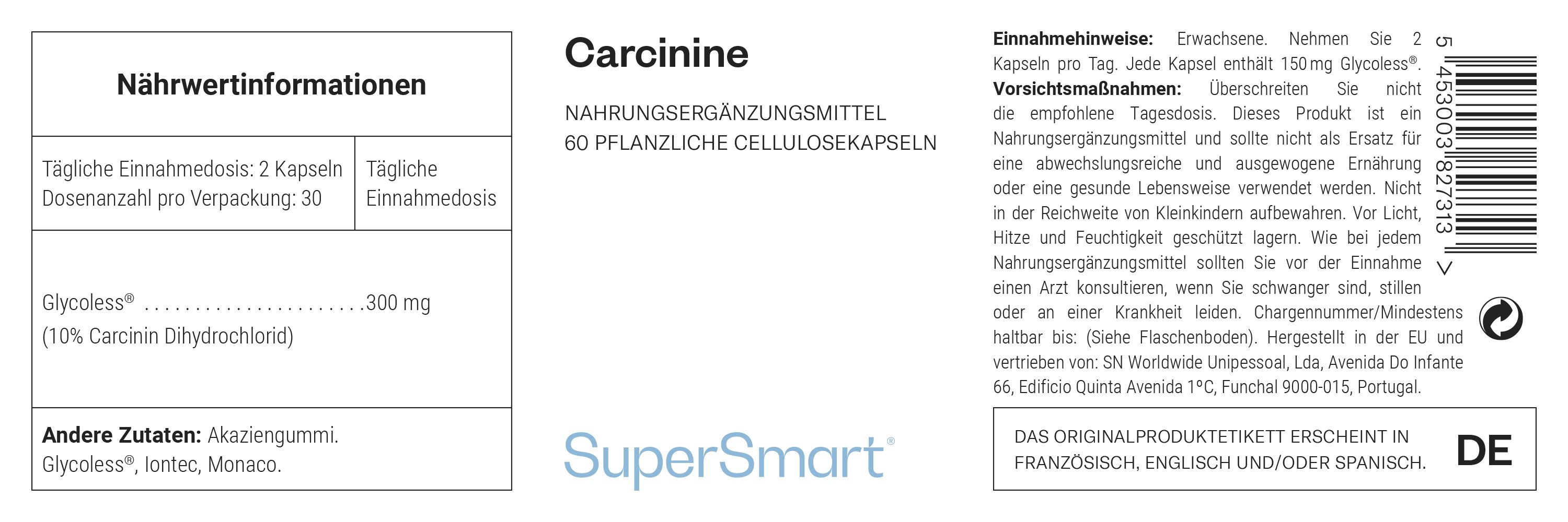 Etikett mit Produktinformationen. "Carcinine" und "SuperSmart" sind sichtbar. Enthält Nährwertangaben und Gebrauchsanweisungen.