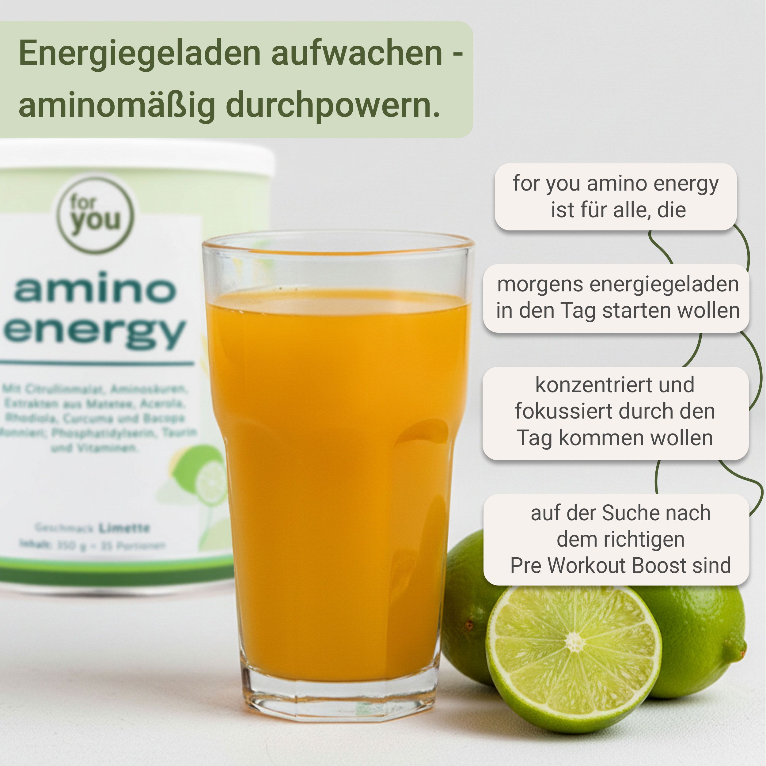 Glas mit gelbem Getränk, Limetten und Dose mit 'for you amino energy'. Text: 'aminomäßig durchpowern'.