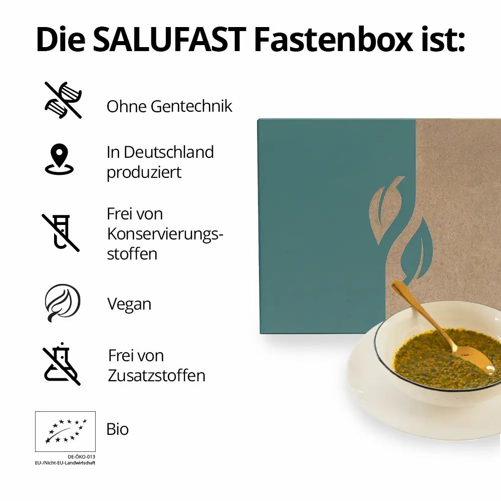 Salufast 5 Tage Fastenbox. Box mit Text: Ohne Gentechnik, in Deutschland produziert, vegan, Bio.