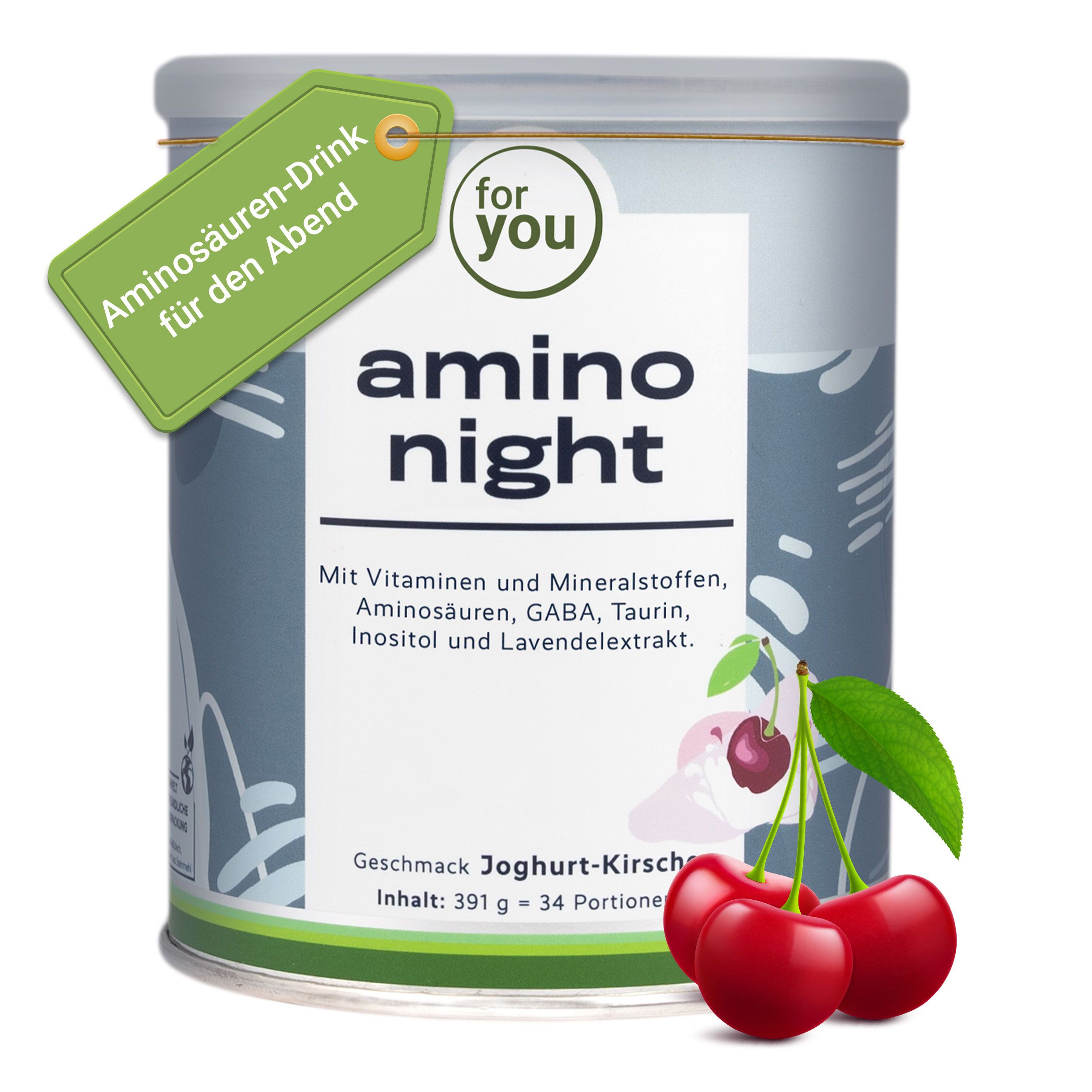 Produktverpackung mit Kirschen. Text: Aminosäuren-Drink für den Abend. Mit Vitaminen und Mineralstoffen. Geschmack Joghurt-Kirsche.