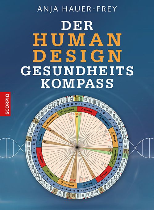 Buchcover: Titel 'Der Human Design Gesundheitskompass'. Autorin: Anja Hauer-Frey. Hintergrund: blau mit grafischen Elementen und einem Kompass-Design.