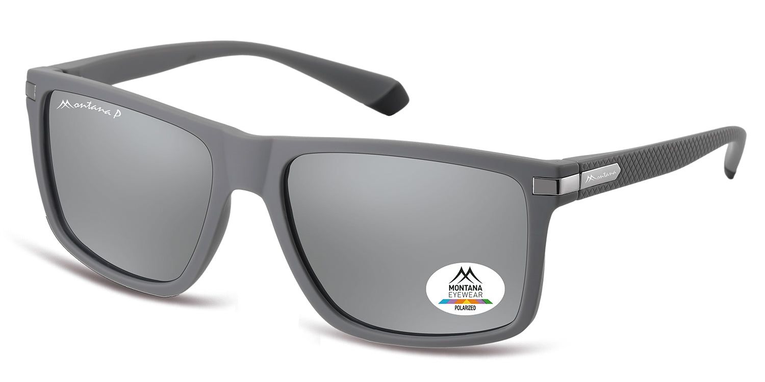 Graue Sonnenbrille mit rechteckigen Gläsern. Montana Eyewear Logo auf dem Bügel und Glas. Polarisierte Gläser.