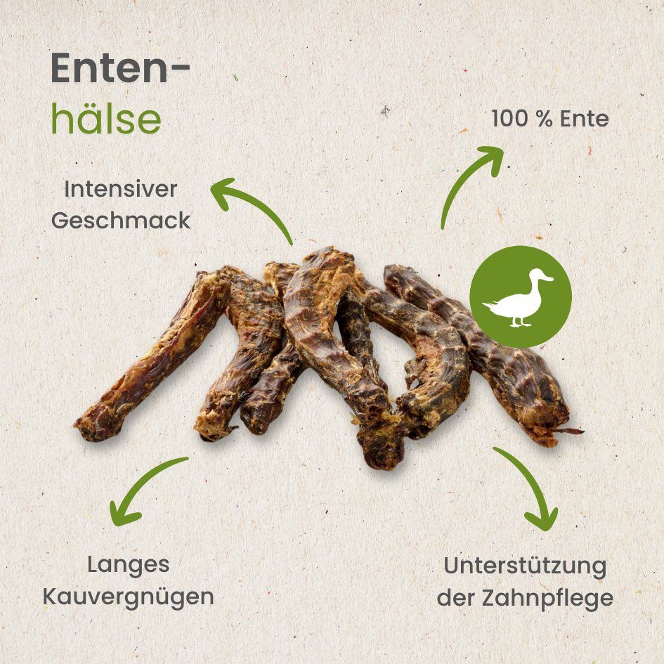 Getrocknete Hühnerhälse für Hunde, 100% Ente, intensiver Geschmack, langes Kauvergnügen, unterstützt Zahnpflege.