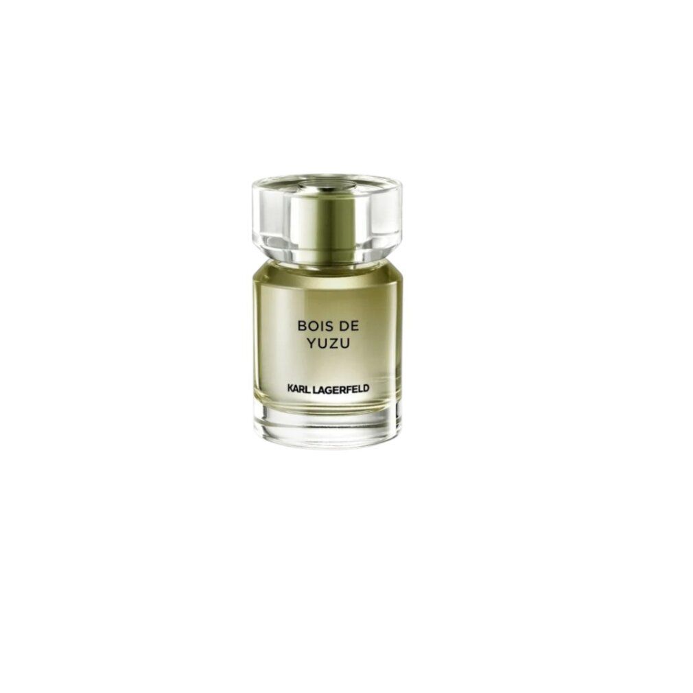 Karl Lagerfeld Bois de Yuzu Eau de Toilette Flakon mit klarem Deckel und silbernem Kragen.