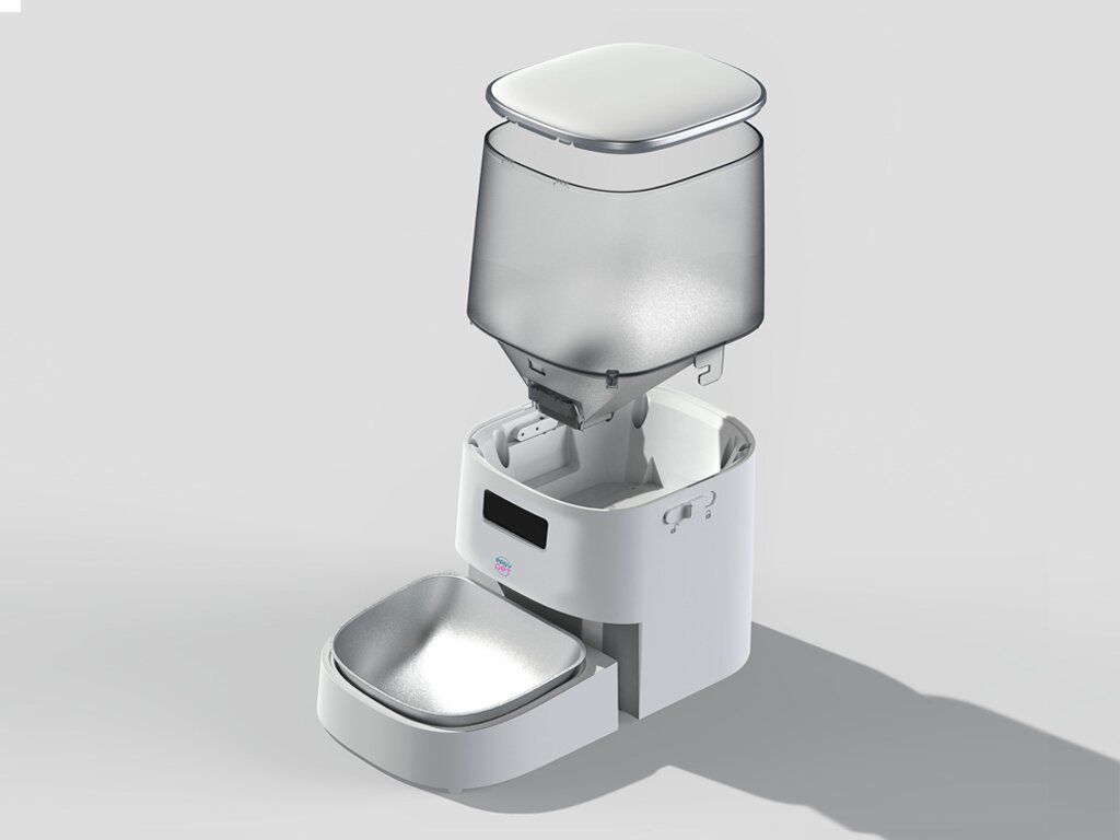 Distributore automatico di cibo bianco, smontato. Contenitore trasparente, ciotola in acciaio inox. Display digitale. Logo.