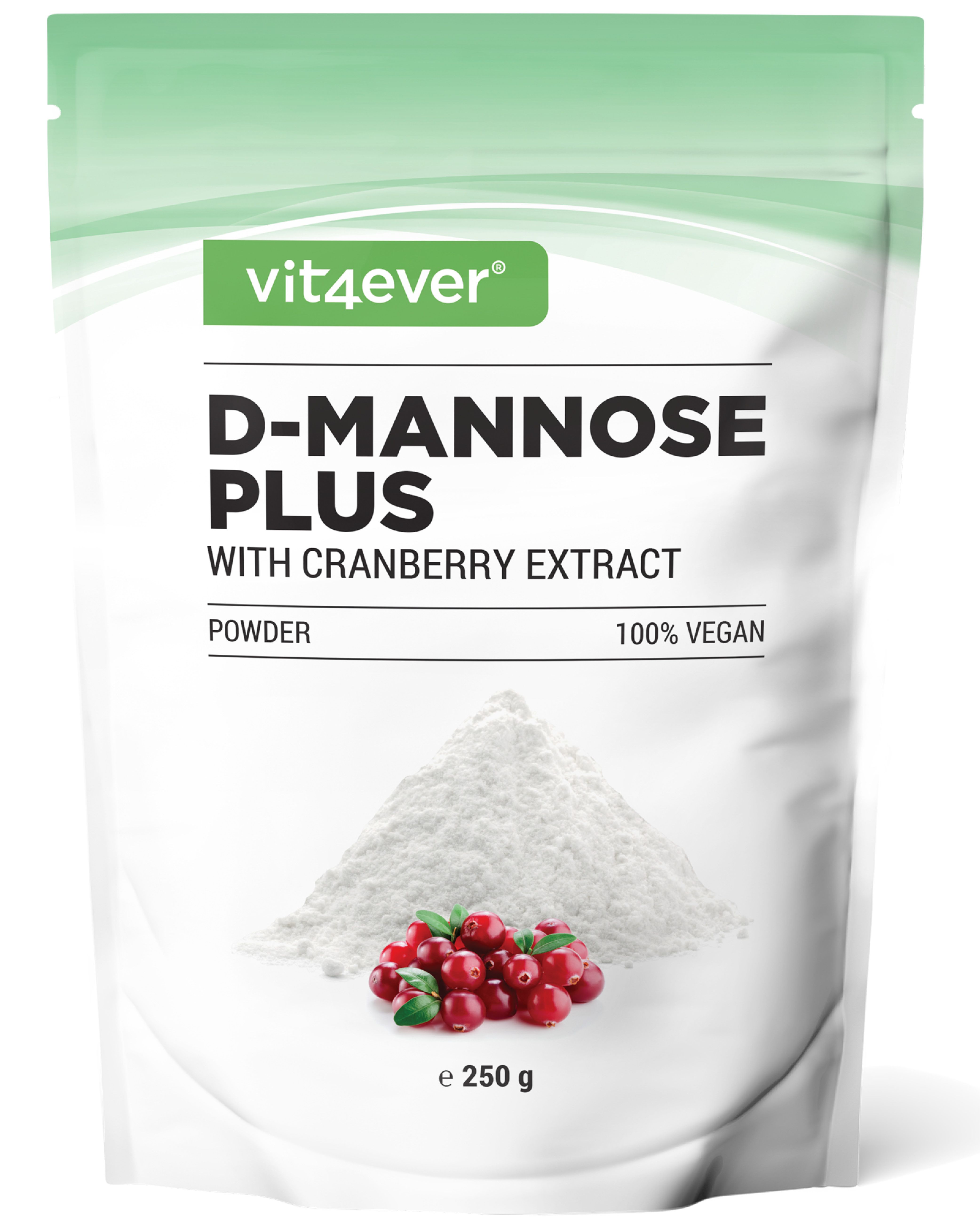 Beutel D-Mannose Plus mit Cranberry-Extrakt. Aufschrift: vit4ever, 100% vegan. Abbildung von Pulver und Cranberries. 250 g.