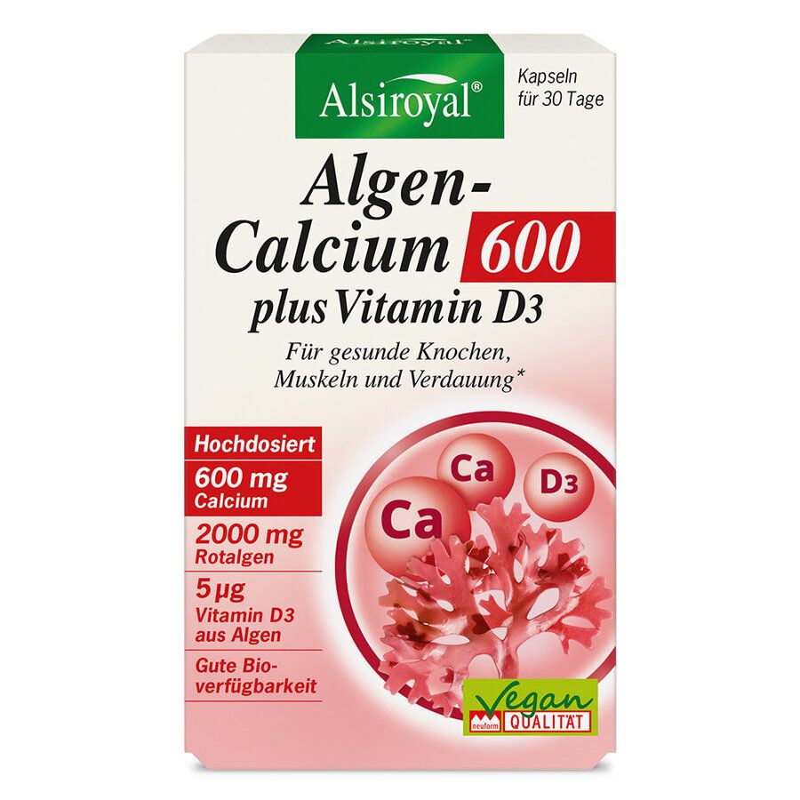 Verpackung von Alsiroyal Algen-Calcium 600 plus Vitamin D3. Enthält Kapseln für 30 Tage. Vegan-Qualitätssiegel.