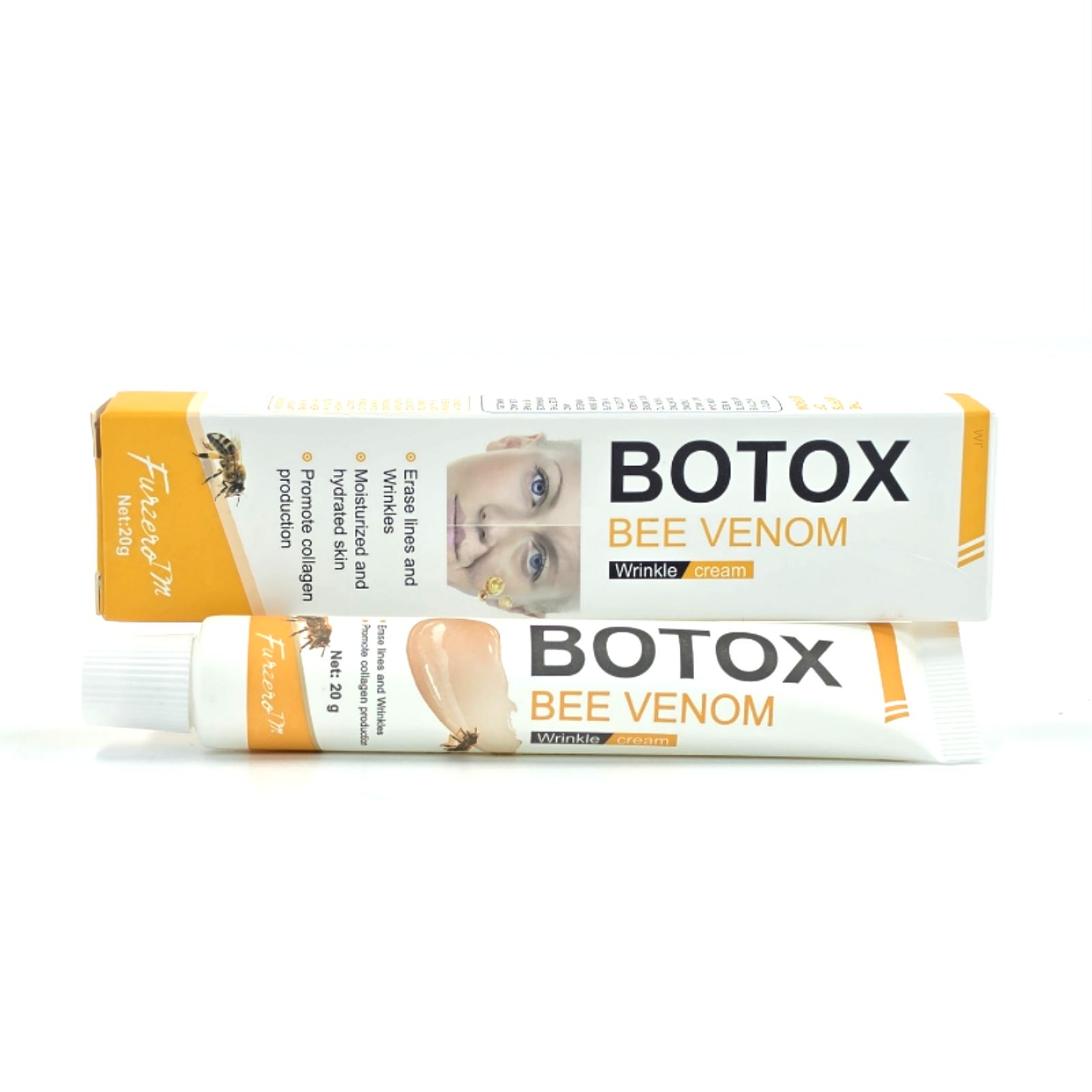 Tube und Kartonverpackung für Botox Bee Venom Faltencreme, 20g.