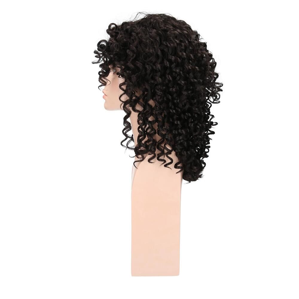 Perücke Maileen von trendhair, lockig, schwarz, auf einer Büste. Seitenansicht.