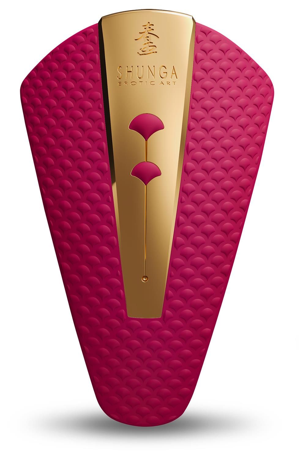 Rosa Stimulator mit goldfarbenem Detail. Oberfläche mit Fischschuppenmuster. Goldene Platte mit Logo und Designelementen.