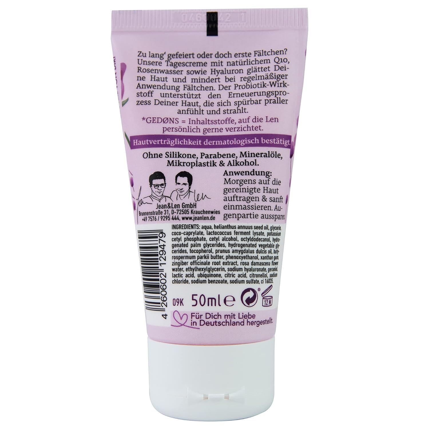 Rückseite einer rosa Tube. Text: Inhaltsstoffe, 50ml, dermatologisch bestätigt. Logo: Jean & Len. Ohne Silikone, Parabene, Mineralöle.