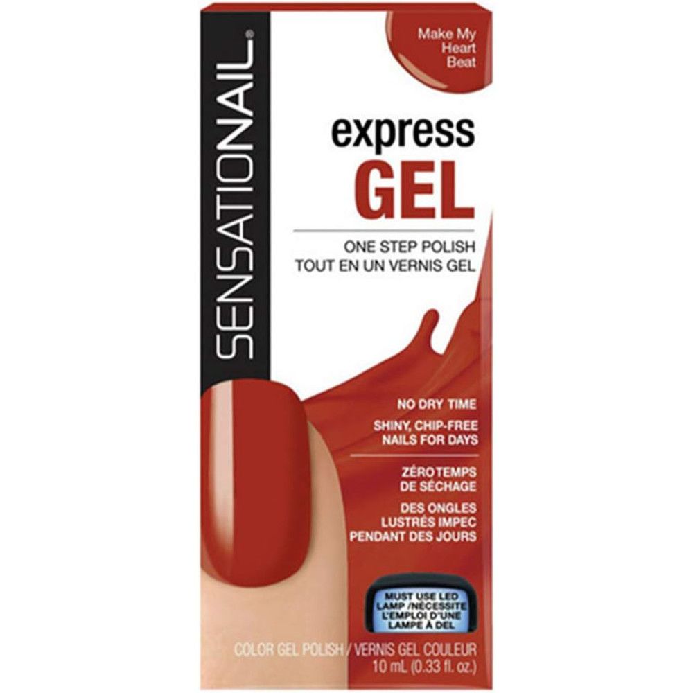 Sensationail Express-Gel-Nagellack. Rote Flasche mit Produktabbildung. Text: Express Gel, One Step Polish. 10 ml.