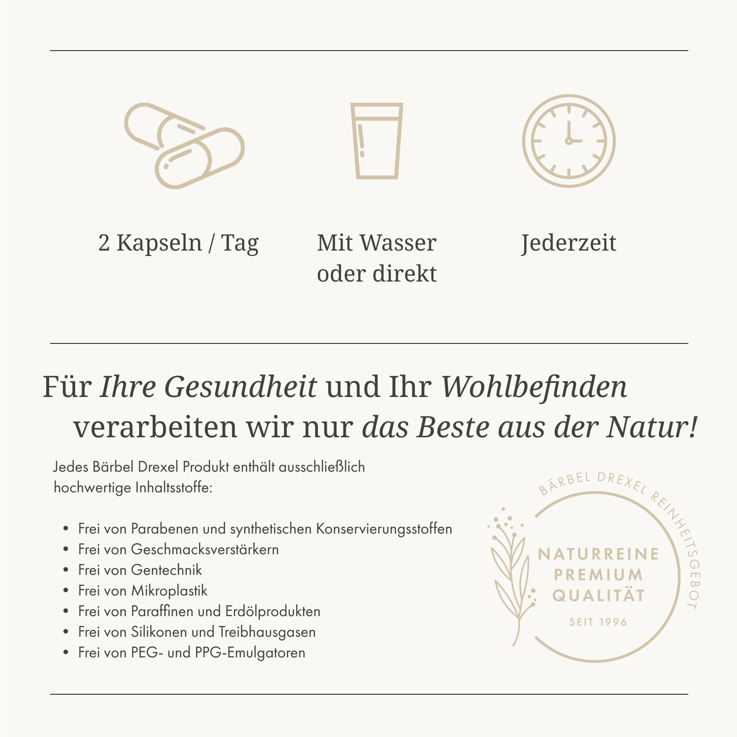 Infografik mit Symbolen: 2 Kapseln/Tag, Glas, Uhr. Text: Für Ihre Gesundheit verarbeiten wir nur das Beste aus der Natur!