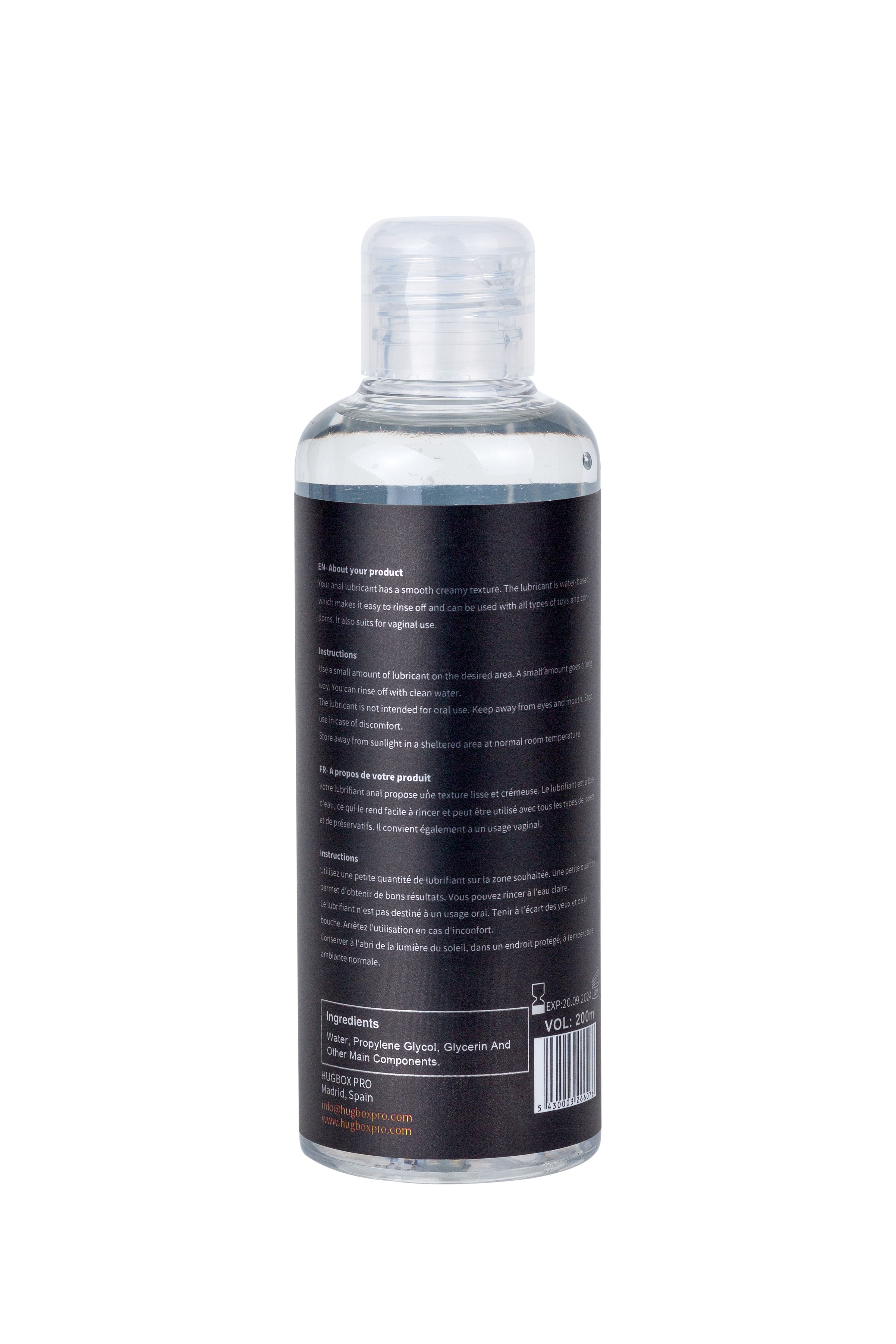 Transparente Flüssigkeit in einer Flasche mit schwarzem Etikett. Aufschrift: Inhaltsstoffe, Gebrauchsanweisung. Volumen: 200ml.