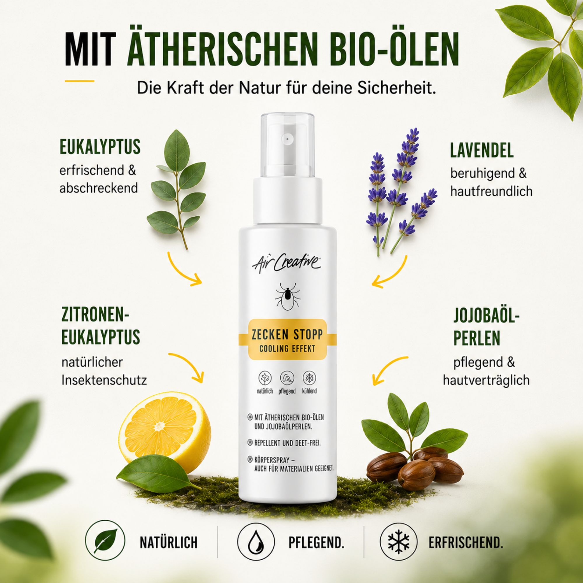 Air Creative Zecken Stopp Spray. Mit ätherischen Bio-Ölen: Eukalyptus, Lavendel, Zitronen-Eukalyptus, Jojobaöl-Perlen.